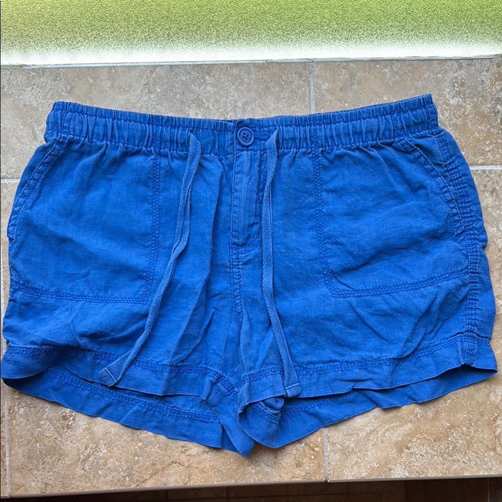 STYLUS 100% Linen Shorts Elastic Button Zip Tie Waist Pockets Cerulean Blue M